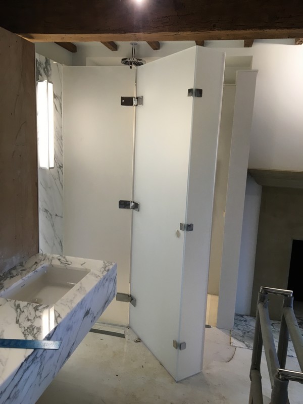 Bespoke frosted glass shower enclosure in Blackheath luxury bathroom